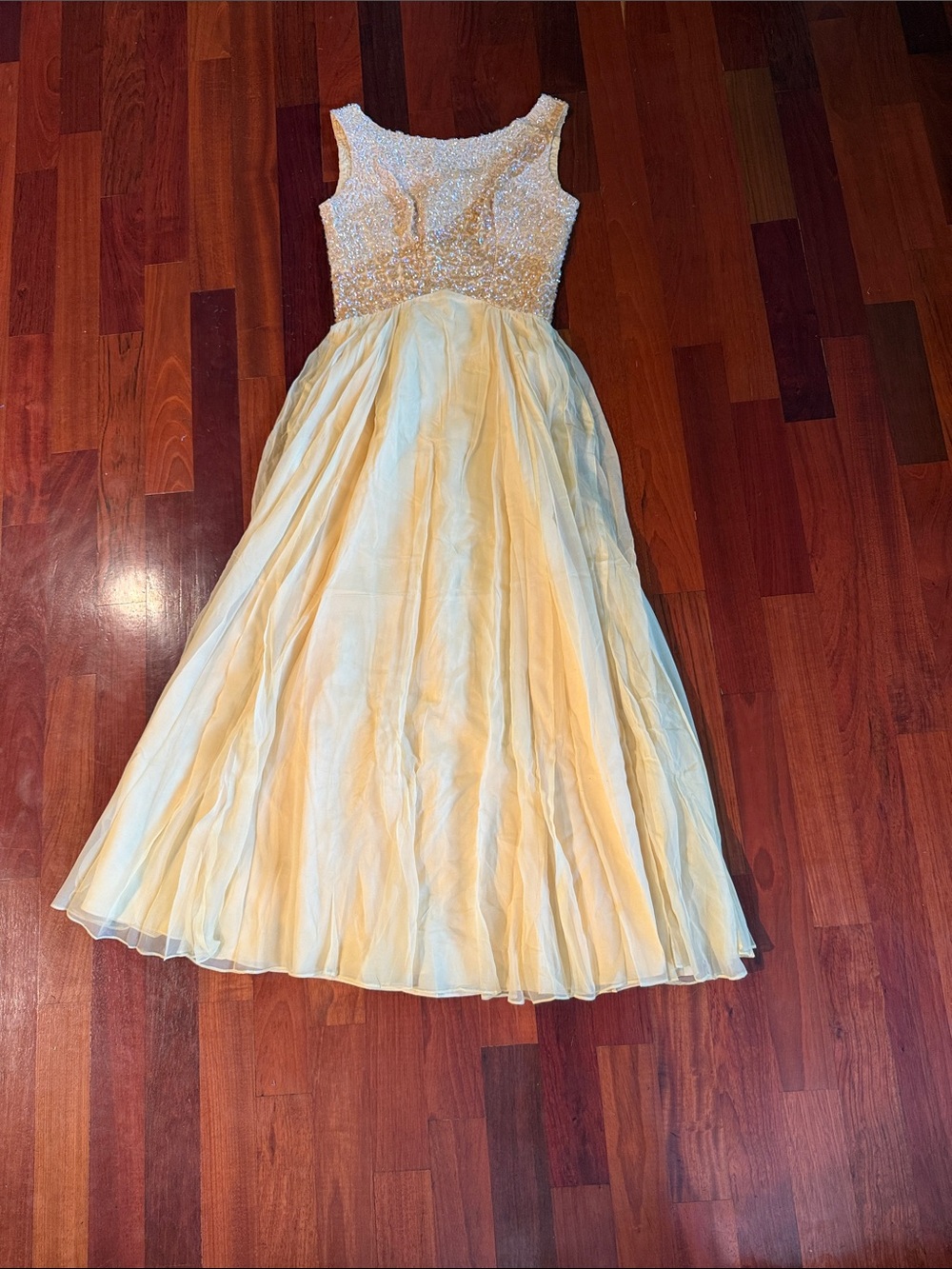 Vintage 1960s Emma Domb California Yellow Sequin floor length evening gown